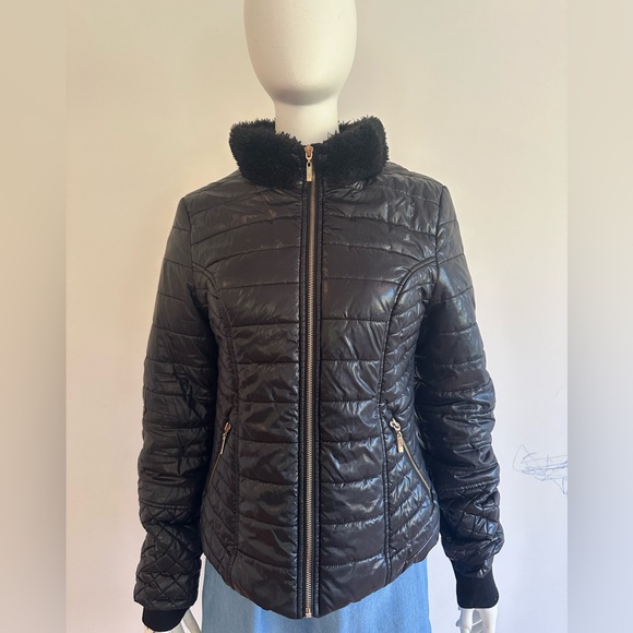 Guess Women's Faux Fur Trim Jacket Black Shiny Winter/Fall Packable Coat Size M - Picture 3 of 17